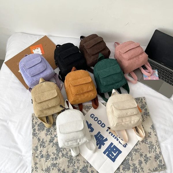 Fashion Women Mini Backpack Solid Color Corduroy Small - Image 2